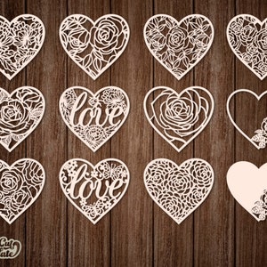 Coeur SVG, coeur ensemble fichiers découpés au laser, 12 modèles de découpe coeur avec motif fleurs, fichier vectoriel cnc, coeur fichiers Cricut découpé au laser.