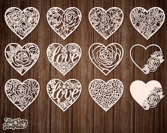 Heart SVG, Heart set Laser cut files, 12 Heart cutting templates with flowers pattern, Vector cnc file, Heart Laser cut Cricut files.