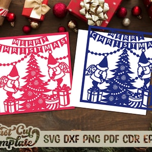 Joyeux Noël carte svg Cricut, carte de vœux d’arbre de Noël SVG, Gnomes décorent le modèle de découpe laser d’arbre de Noël.