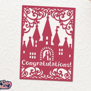 Carte d'anniversaire de félicitations, carte de mariage SVG 5 x 7, carte des jeunes mariés, carte de mariage château des fées, modèles de découpe laser camée Cricut. image 3