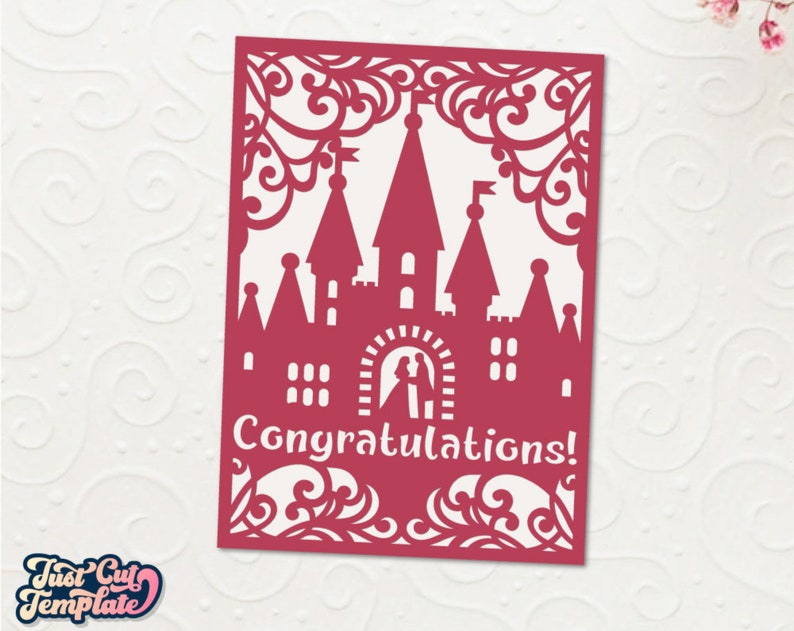 Carte d'anniversaire de félicitations, carte de mariage SVG 5 x 7, carte des jeunes mariés, carte de mariage château des fées, modèles de découpe laser camée Cricut. image 3