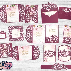 Magnolia Wedding Invitation SVG templates set, 8 pieces for Cricut Silhouette Cameo Laser cut, Tri Fold envelope, Gate card, Place card SVG.
