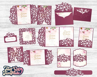 Magnolia Wedding Invitation SVG templates set, 8 templates for Cricut Silhouette Laser cut, Gate card, Tri Fold envelope, Place card DXF Cdr