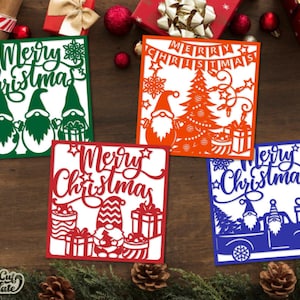 Defina modelos SVG de cartão de Feliz Natal, pacote SVG de cartões de Natal Gnome, cartões de felicitações de Natal cortados a laser, cartões de presente de Natal DIY cortados.