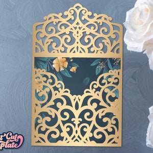 Sobre de boda SVG, invitación de fiesta de cumpleaños de encaje, cubierta de invitación de quinceañera, invitación de boda cuadrada SVG, plantilla Cricut Cameo cortada con láser.