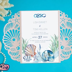 Sea shell Wedding Invitation SVG coupe modèle, Beach wedding Gate fold card 5x7, Marine party invite modèle Cricut Cameo Laser cut Digital