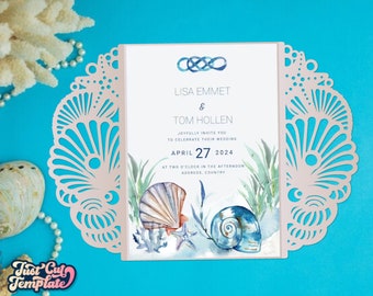 Modelo de corte SVG de convite de casamento em concha do mar, cartão dobrável para portão de casamento na praia 5x7, modelo de convite para festa marinha Cricut Cameo Corte a laser digital