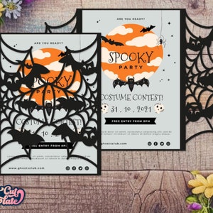 Könnte beinhalten: Eine schwarz-weiße Halloween-Partyeinladung mit einem Spinnennetz-Design und Fledermäusen. Die Einladung lautet "Spooky Party" und "Kostümwettbewerb! 31.10.2021".