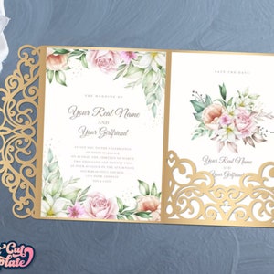 Trifold Tasche Umschlag SVG 5x7, Hochzeitseinladungs-Svg-Cover, Swirls Quinceanera Einladung Vorlage Cricut Cameo Laser geschnitten, digital.