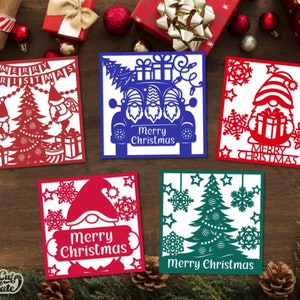 Set Weihnachtskarte SVG, Gnom Weihnachtskarte Bundle, Frohe Weihnachten SVG Cricut Dateien, Weihnachtsgrußkarte Laser geschnitten Papierschnitt Vorlagen.