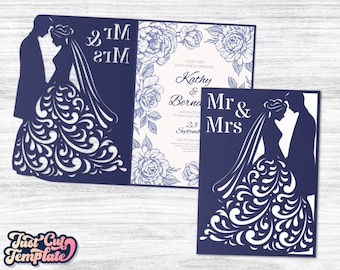 Faire-part de mariage des mariés, modèle SVG 5 x 7, modèle de carte de pliage de mariage Cricut, carte des jeunes mariés, faire-part de mariage découpé au laser.