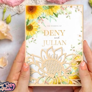 Sunflower Pocket invitation SVG 5x7, Cricut Wedding Invitation Template Sunflower Pocket Envelope Laser cut files, DXF Cdr Pdf Studio3.