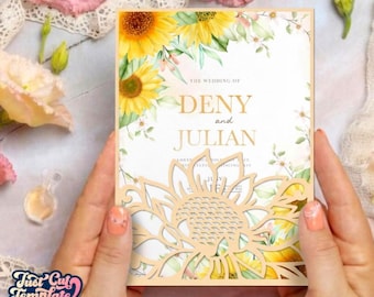 Sunflower Pocket invitation SVG 5x7, Cricut Wedding Invitation Template Sunflower Pocket Envelope Laser cut files, DXF Cdr Pdf Studio3.