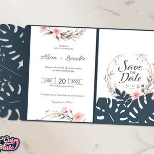 Trifold Tropischer Taschenumschlag, Hochzeitseinladung SVG 5x7, tropische Party Palmenblätter Monstera Einladungsvorlage Cricut Cameo Laser cut