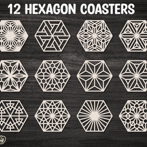 12 Hexagonal Coaster templates set, Kumiko pattern panel Laser cut, coaster SVG bundle, glowforge files, Coasters svg Cricut, plazma cnc cut