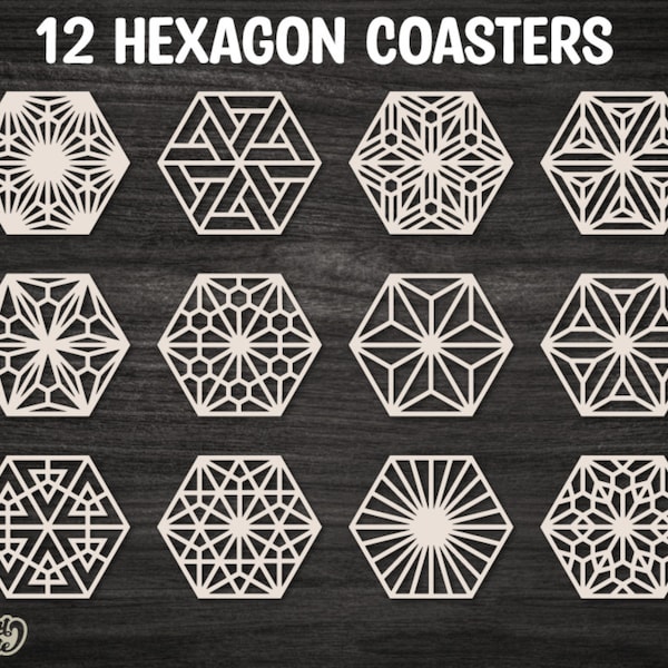12 Hexagonal Coaster templates set, Kumiko pattern panel Laser cut, coaster SVG bundle, glowforge files, Coasters svg Cricut, plazma cnc cut