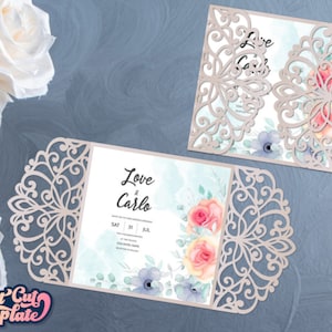 Gate invitation SVG, Wedding invitation svg card Cricut, Laser cut wedding card cut template, Lace invitation SVG, Gate fold card digital.