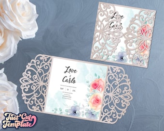Gate invitation SVG, Wedding svg, invitation card Cricut, Laser cut wedding card cut template, Lace invitation SVG, Gate fold card digital.