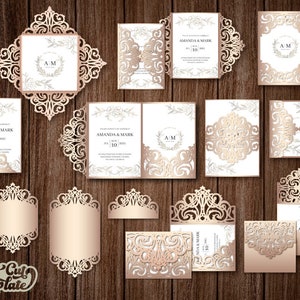 Laser cut Wedding Invitation SVG template set, 12 pieces for Cricut, Silhouette Cameo (SVG, DXF, Studio3), Tri Fold envelope, Gate card.