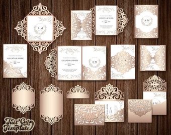 Laser cut Wedding Invitation SVG template set, 12 pieces for Cricut, Silhouette Cameo (SVG, DXF, Studio3), Tri Fold envelope, Gate card.