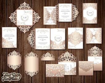 Ensemble de modèles de faire-part de mariage SVG découpés au laser, 12 pièces pour Cricut, silhouette camée (SVG, DXF, Studio3), enveloppe à trois volets, carte de porte d'entrée.