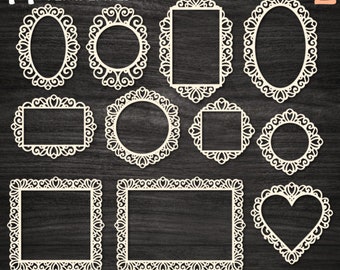 Frames SVG set, 11 Laser cut Frame templates, Frame cut file, Swirly Mirror Photo Frame SVG bundle, Frame clipart, Oval frame, Heart frame.
