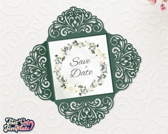 Cricut Invitación cuádruple SVG, tarjeta de boda cuadrada, cubierta de invitación cuádruple, sobre de boda, plantilla Cricut Cameo Corte láser.