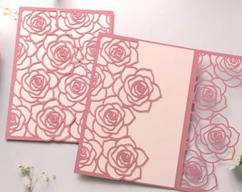 Invitación de boda con rosas en formato SVG, tarjeta plegable de 5x7 pulgadas, sobre para invitación floral, invitación de quinceañera o cumpleaños para cortar con Cricut Cameo o láser en formato DXF.