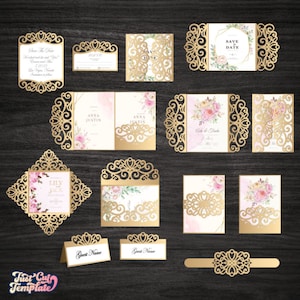 Hochzeitseinladung, SVG, 9 Vorlagen Cricut Cameo, Laser geschnitten, Umschlag faltbar, Torkarte, Tischkarte, Antwortkarte (svg, dxf, cdr, Studio3).
