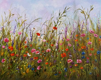 Field Harmony - origineel schilderij op canvas uitgerekt 46*61cm, 18*24 inch kleurrijke weide wilde veld rode klaproos delicate originele moederdag