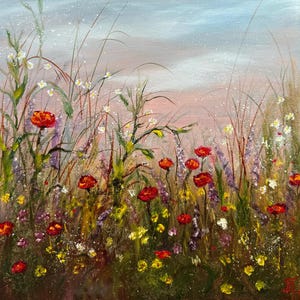 Summer day - Meadow Blooms- ORIGINAL oil painting on canvas stretched 30*30cm, 12*12 inch - landscape home decor gift Christmas flower