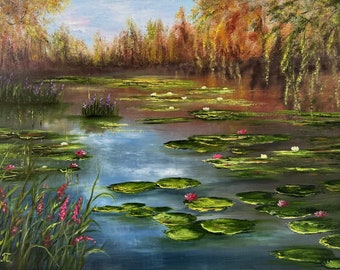 A Haven of Tranquility- 20*28inch 50*70cm original oil painting, pond, lilies, pink, mirror, lake, water, decor, best gift, home