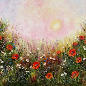 Passione e tenerezza - fiori di prato rossi - dipinto a olio originale 32 x 40 pollici, 80 x 100 cm su tela tesa
