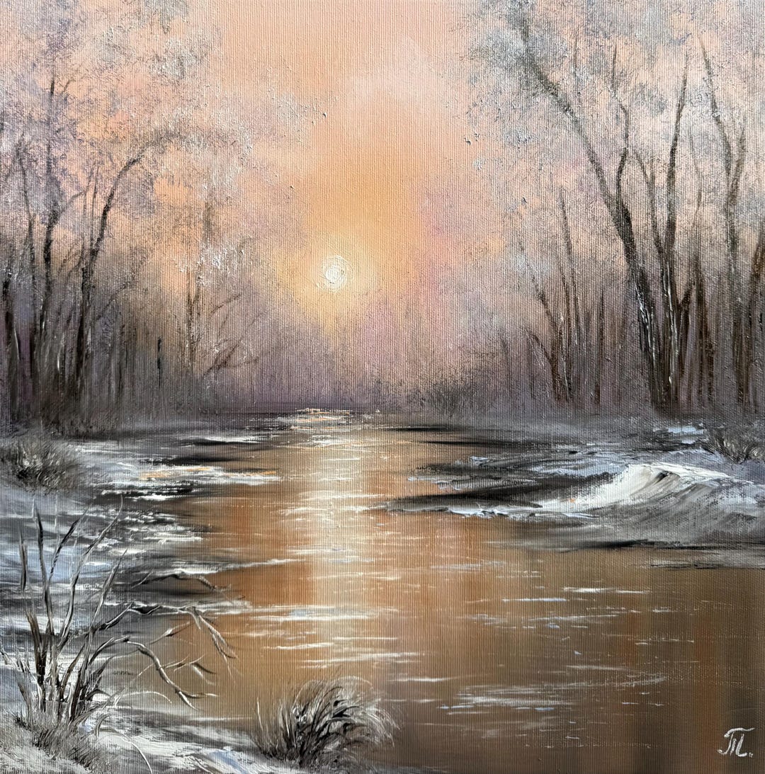 冬の川の風景油絵 - オリジナルアート、雪景色（16x16） - Etsy 日本