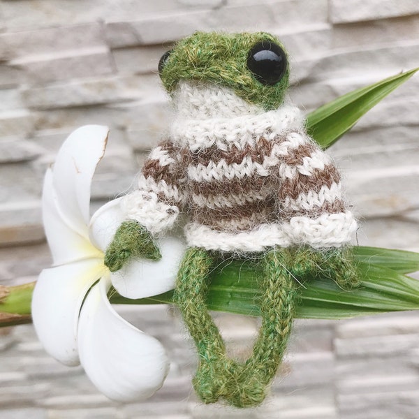 Knitted frog in sweater crochet froggy in clothes frog and toad plush knit movable TikTok knitting frog toy frog doll