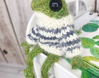 Knitted frog in striped sweater crochet green froggy toy TikTok frog in clothes doll