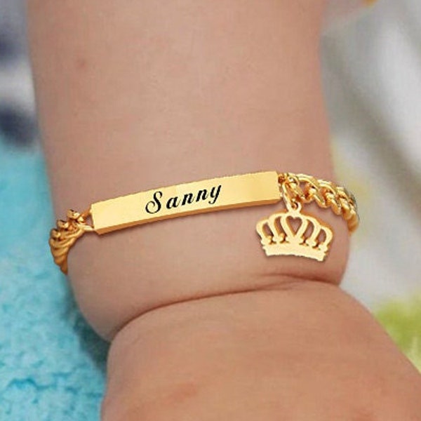 Custom Personalized Baby Name Bracelet, ID Stainless Steel Gold Silver Curb Chain Link Crown Bracelet Newborn Girls Boys Gifts Not Allergic