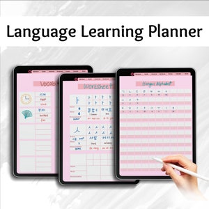 language learning planner, language study journal, sentence writing worksheet, vocabulary template, vocabulary learning, progress tracker