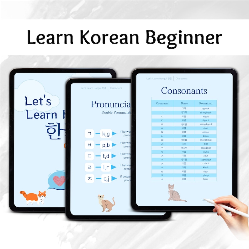 May include: A digital tablet screen displaying a Korean language learning guide. The screen shows a table with Korean consonants, their names, and romanized pronunciations. The guide is titled "Let's Learn Hangul" and features a cartoon cat.