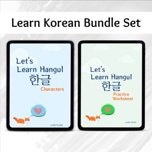 May include: Two digital tablet screens showing a Learn Korean Hangul bundle set. The left screen shows the characters of the Korean alphabet, and the right screen shows a practice worksheet. Both screens feature a cartoon cat with a heart-shaped speech bubble.