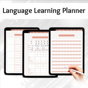 May include: Three digital planners on a tablet screen, with a pink and white color scheme. The planner is designed for language learning and includes sections for alphabet, vocabulary, grammar, sentences, tracker, calendar, and notes. One planner has handwritten Japanese characters and words.