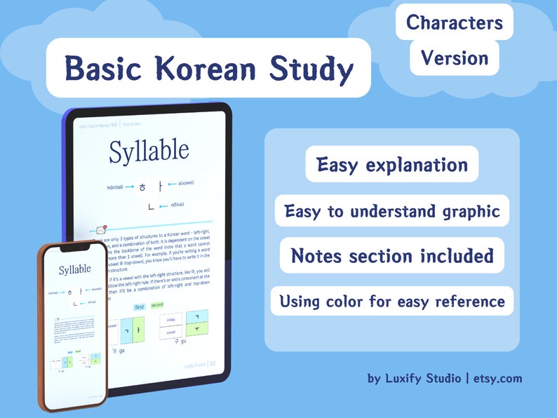 May include: A digital illustration of two devices, a tablet and a smartphone, both displaying a lesson on Korean syllables. The devices are on a blue background with the text "Basic Korean Study" and "Syllable" on the screens. The text "Characters Version" is in a cloud shape above the devices. The text "Easy explanation", "Easy to understand graphic", "Notes section included", and "Using color for easy reference" are in rectangular boxes below the devices. The text "by Luxify Studio | etsy.com" is at the bottom of the image.