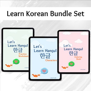 May include: A bundle set of three digital learning resources for Korean language learners. Each tablet-style screen displays the text "Learn Hangul" in English and Korean, with titles like "Practice Worksheet" and "Coloring Book". The background colors are light green, blue, and pink.