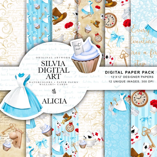 Alice au pays des merveilles Paper Pack, Alice Digital Paper, Pack Aquarelle Mad Hatter Scrapbook Tea Party Background Fairytale Baby Shower Seamless