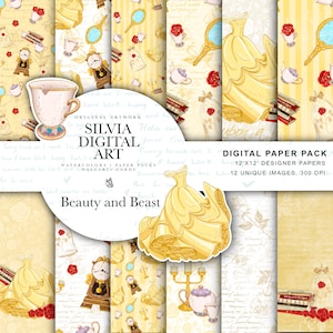 Beauty and Beast Paper Pack, Beauty Digital Paper,Pack Watercolor Beast Scrapbook Mrs. Potts, Chip Background Fairytale Baby Shower Seamless