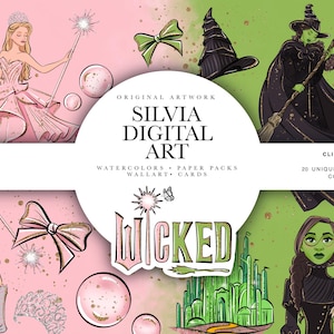 Wicked Clipart, Glinda PNG, Elphaba, Wicked Movie Art, Bacchetta magica, Shiz, Disegnato a mano, Scopa, Città di Smeraldo, Strega, Download digitale