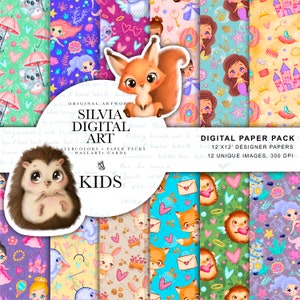 Kids seamless patterns, Children Digital Backgrounds, Cute Animals, Scrapbook paper, Cute Clip Art, Adorable Animals, commercial use