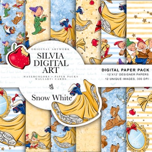 Schneewittchen digitales Papier, Prinzessin PNG, Sieben Zwerge, Märchen, Hirsch, Cottage, Vögel, handgezeichnet, süßer Glitzer-Kinder-ArtPOD, nahtlos