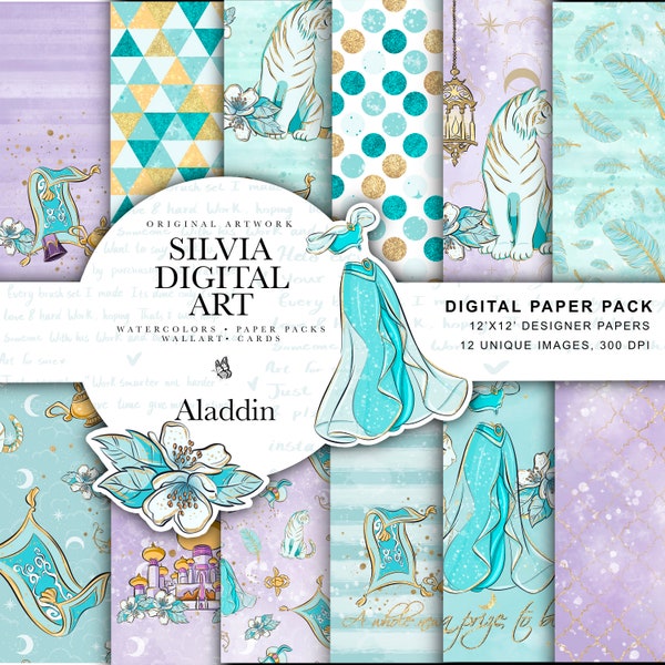 Jasmine Digital Paper, Arabian Princess, Cute Kids Art, High Res JPG Seamless Pattern, Custom Fabric POD Supplies