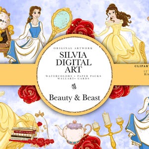 Beauty and the Beast Clipart, Belle PNG, Beast PNG, Castle, Princess clip art, Hand drawn, Cute, Kids, Decoration, Watercolor Fabric POD